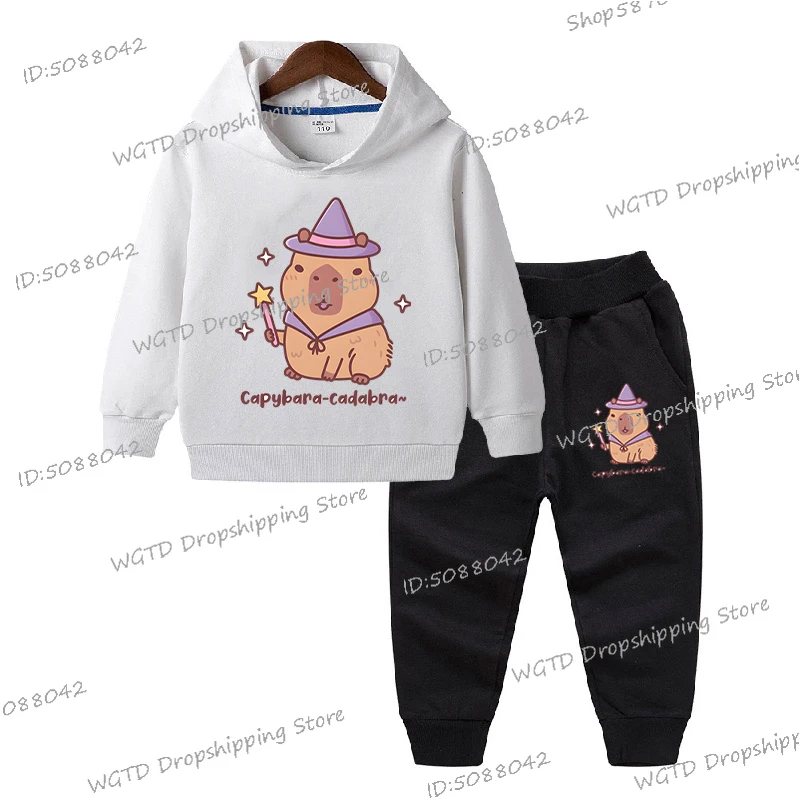 Cute Capybara Magic Capybara-cadabra Kids Clothes Suit Animal Kawaii Cartoon Set Cute Capybara Wizard Hoodies+Trousers 2Pc Set