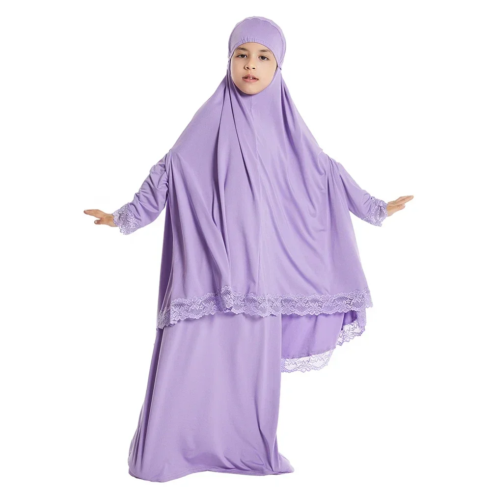 Eid Djellaba Muslim Sets Hijab Dress Lace Khimar Caftan Prayer Garment Abaya Kids Girls Burqa Robe Hooded Skirt Islam Clothing 3