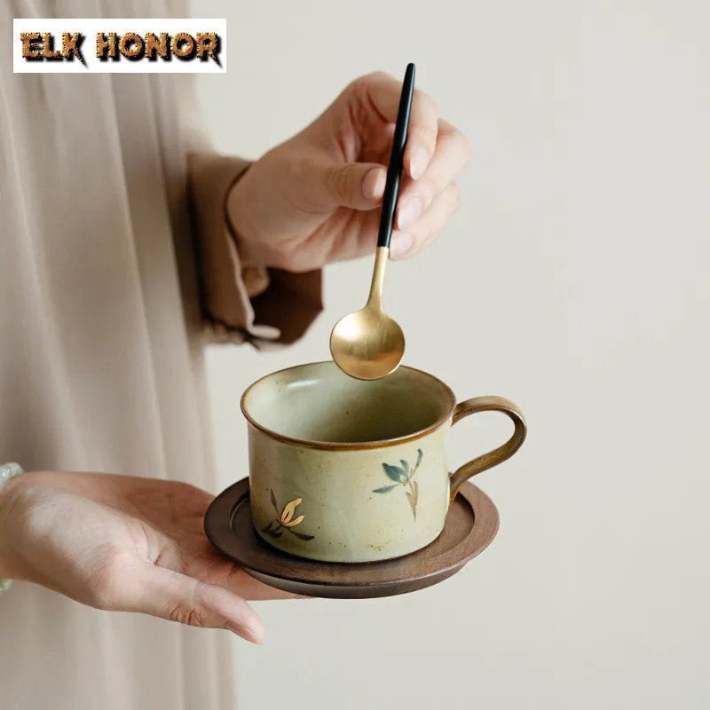 160ml Antique Gold Drawing Ceramic Coffee Mug Pure Hand-painted Butterfly Orchid Water Jug Cup Saucer Kit Personal Drinkware