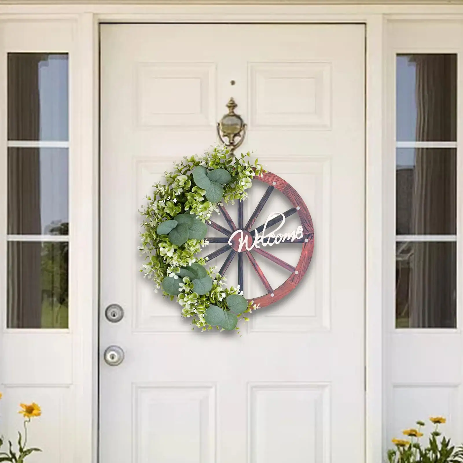 Spring Wreath Artificial Flowers and Wheel Wood Decor Welcome Sign Summer Decoration for Outside Farmhouse Decor Lightweight