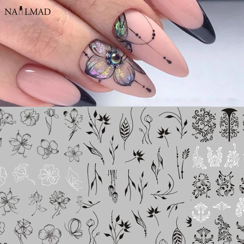 

1pc Black Mandala Flower Nail Stickers Tropical Leaf Nail Art 3D Sticker Butterfly Rose Adhesive Decals