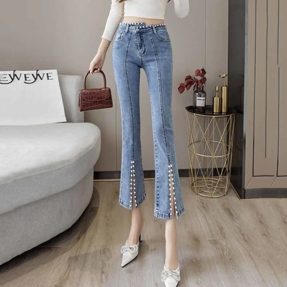 High Waist Denim Pants Women 2022 Spring Autumn New Fashion Trumpet Trousers Female Slim Stretch Split Beaded Pearls Jeans Woman