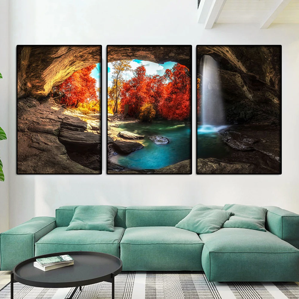 

Modern Posters Set Of 3 Prints Nature Landscape Canvas Painting Sunshine Forest Lake Pictures Living Bedroom Wall Art Home Decor