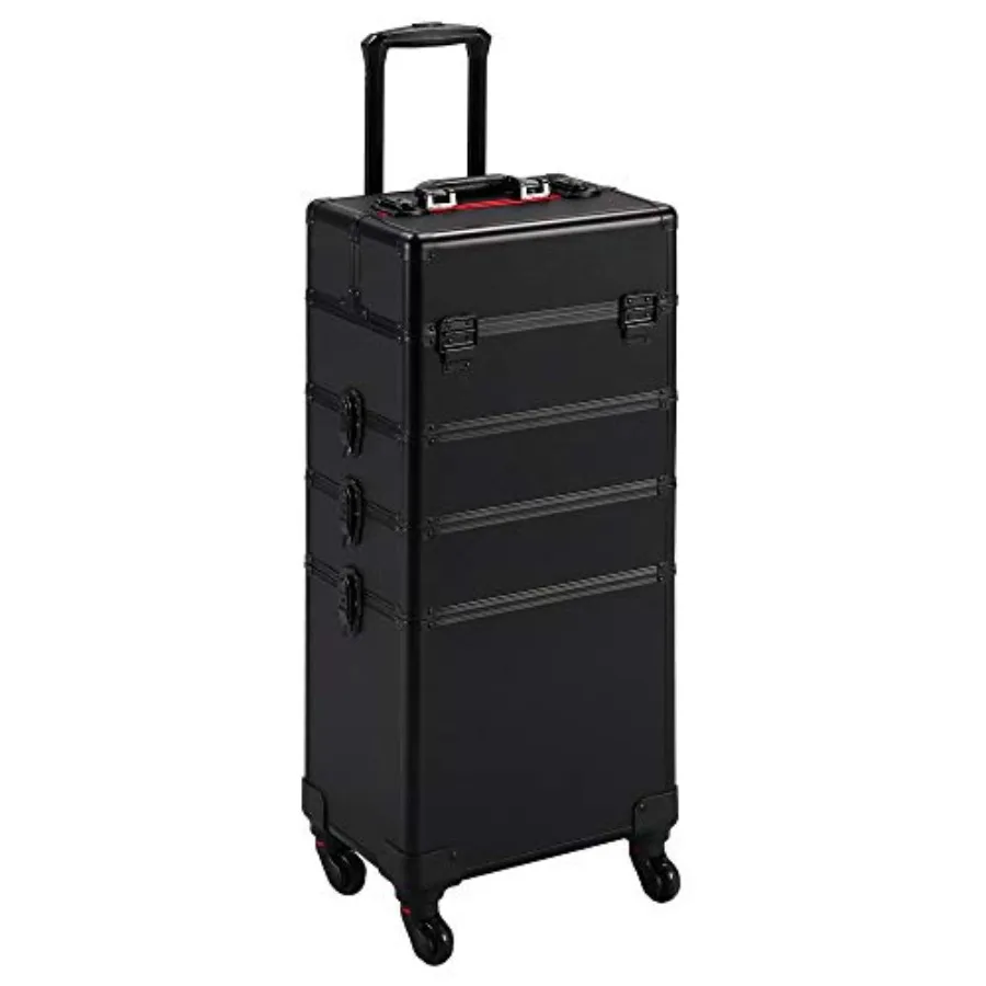 

Professional makeup travel case for on-the-go artists, aluminum alloy construction, black color, extra-large capacity with 360