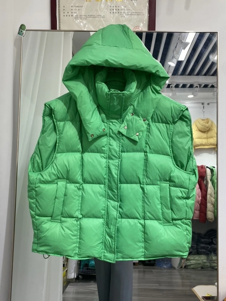 Chaleco sin mangas con capucha para mujer, chaqueta cálida de plumón, abrigo de alta calidad, color verde, estilo coreano, invierno, 2023