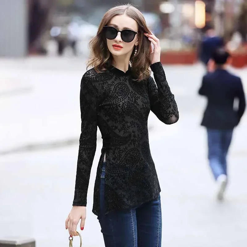 Top Cheongsam Sexy de encaje para primavera y otoño, blusa Qipao de manga larga con cuello mandarín, Tops chinos Vintage negros para mujer 10367 MN1 2024