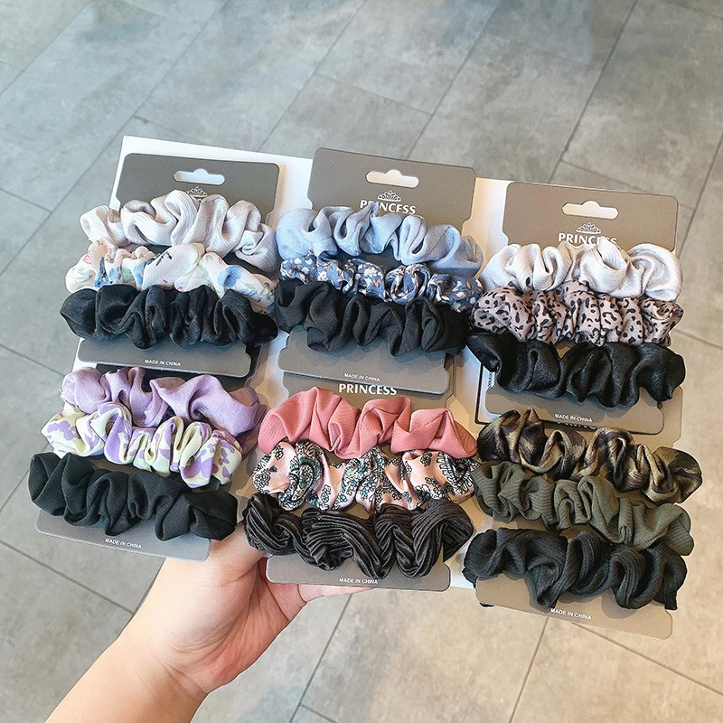 3Pc/set Printed Leopard Scrunchie Set Elastic Hair Rubber Bands Solid Floral Hair Rop For Women Girls Ponytail Holder Headwear