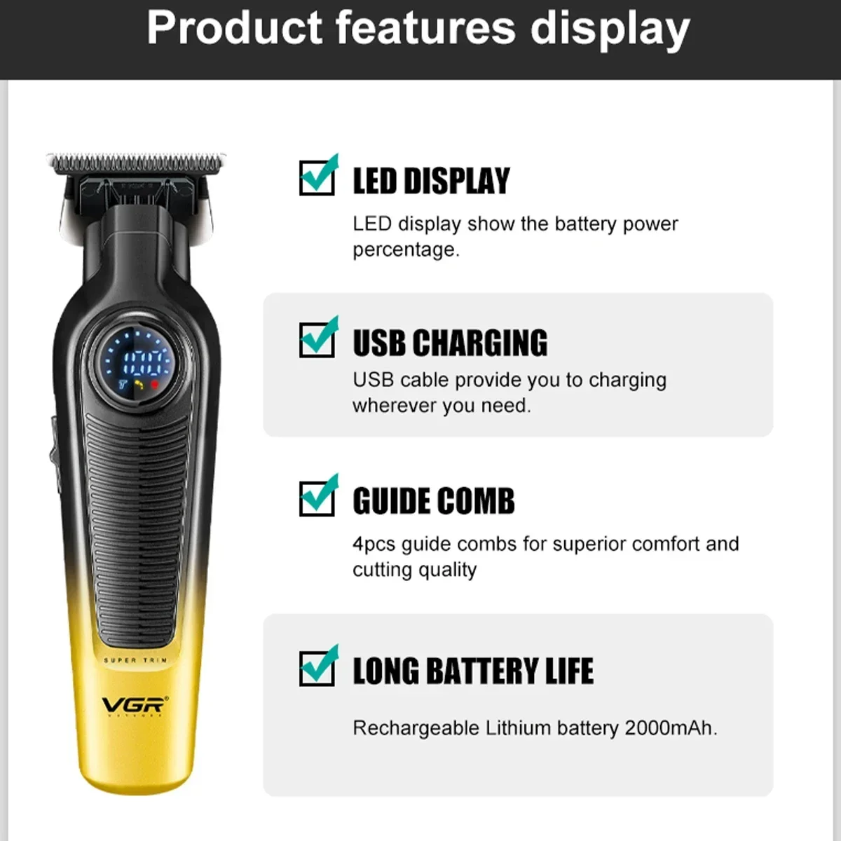 VGR V-996 Cordless Trimmer Electric Hair Clipper Rechargeable Haircut Barber Professional Trimmer for Men Hair Cutting Machine image 3
