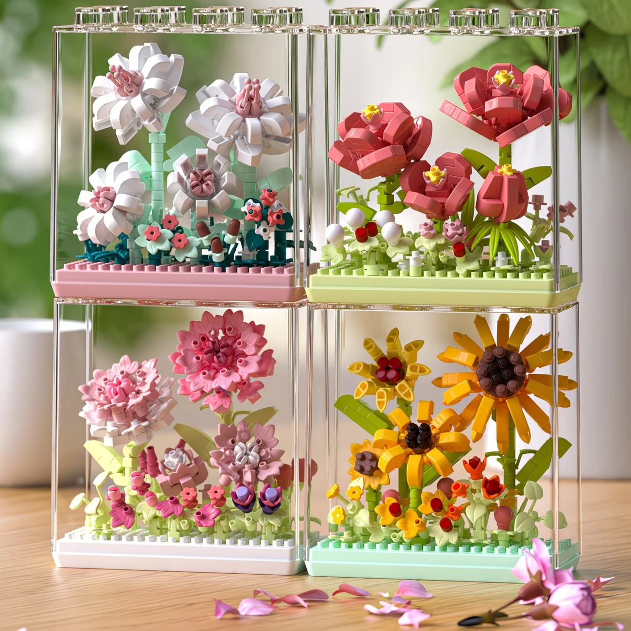 (Dust-Proof Boxes Can Be Stacked) Flowers, Roses, Micro-Particle Building Blocks, DIY Creative Gifts, Desktop Decorations