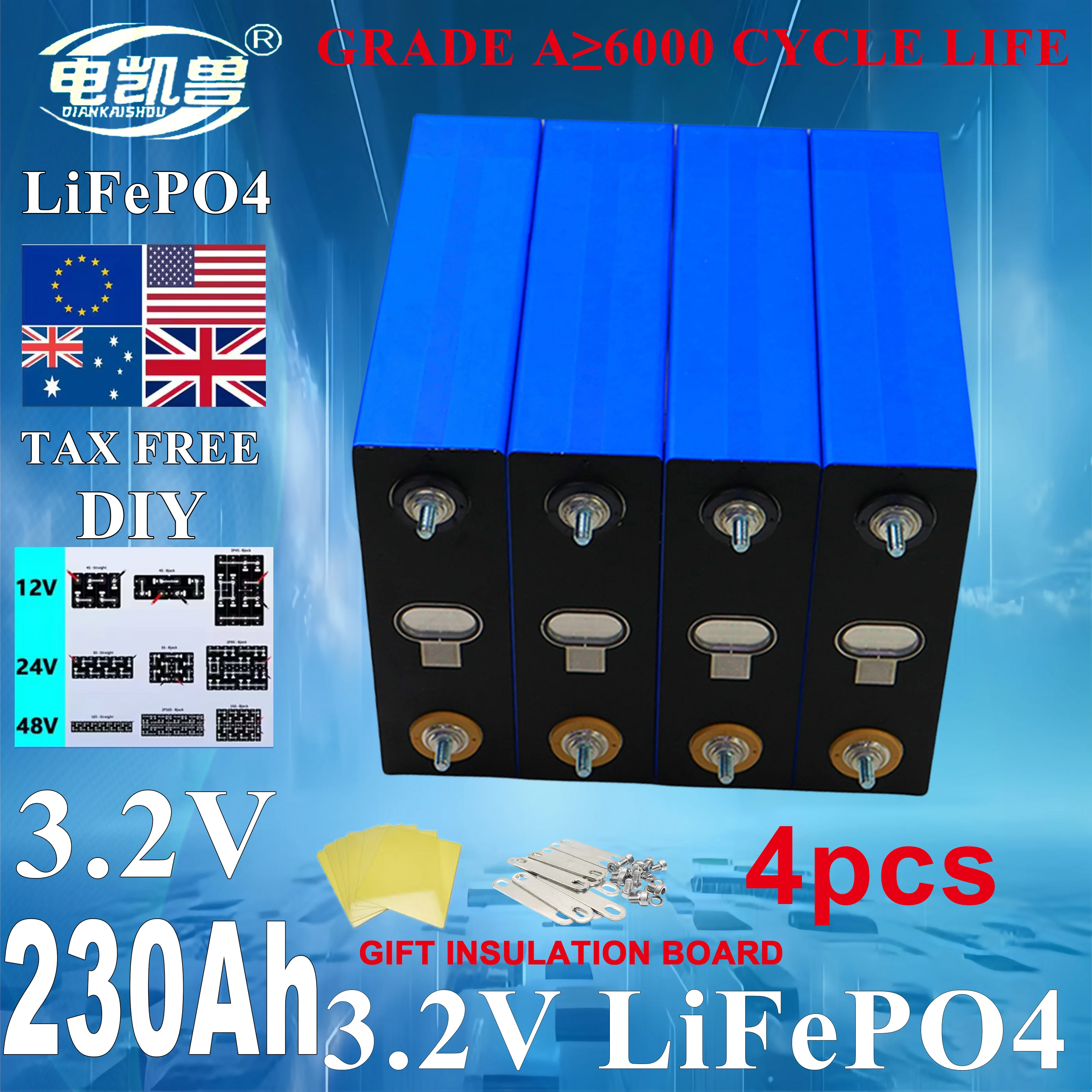 

New 4pcs Grade A 230ah 3.2V Lifepo4 Rechargeable Battery 6000 Cycles DIY 12V 24V 48V RV, yacht, golf cart battery tax free