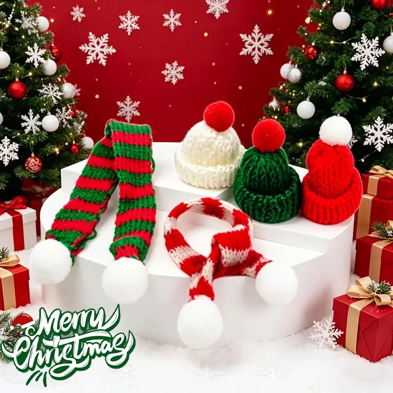 10-100PCS Holiday Mini Hat Set Knit Santa Cap Scarf for Christmas Tree Bottle Ornament Gift Box Party Decoration