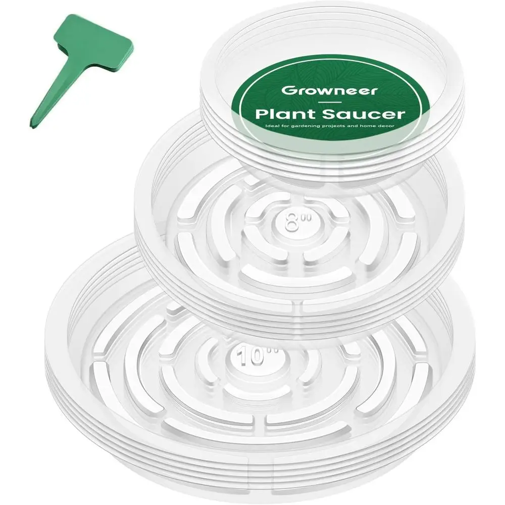 6, 8, 10 Inch Clear Plant Saucers Set of 15, Including 15 Labels for Indoor/Outdoor Garden Use