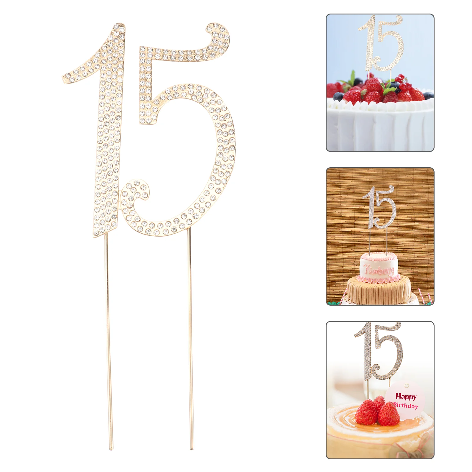 15 Cake Anniversary Number Topperr for Quinceanera Birthday Rhinestones Decorative Gold Banquet