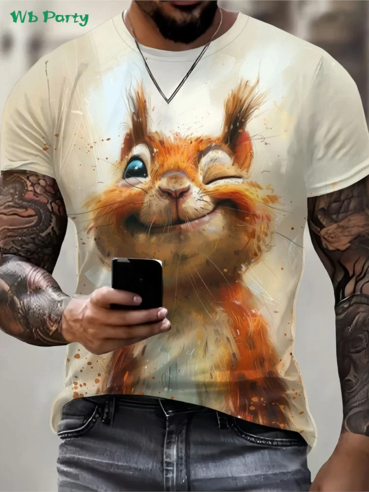 Squirrel Dog Bee Pattern T-Shirt Fun Animal 3D Printed Short Sleeve Tees Fashion Street O-Neck T Shirts Oversized Men's Clothing