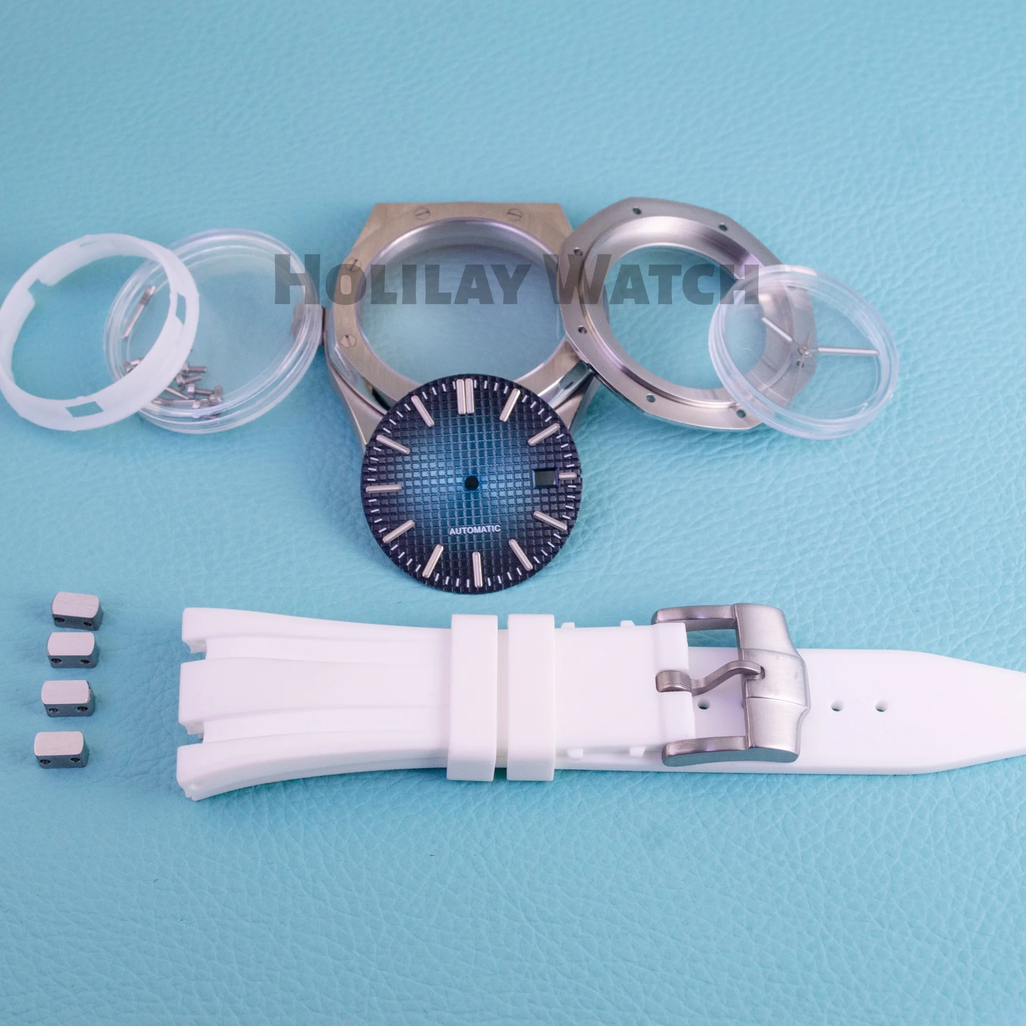 41MM Silver Black Gold Case Silicone Strap Buckle Fit Royal Oak NH35 NH36 NH70 Movement Automatic Watch for 31.8mm Dial Hands