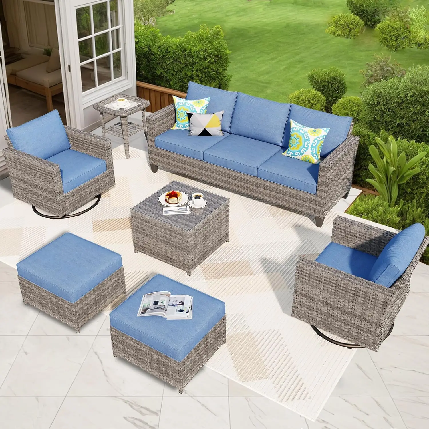 

Patio Furniture Set, Outdoor Wicker Rattan Sofa with Swivel Rocking Chairs, Table and Cushion for Garden Backyard Deck