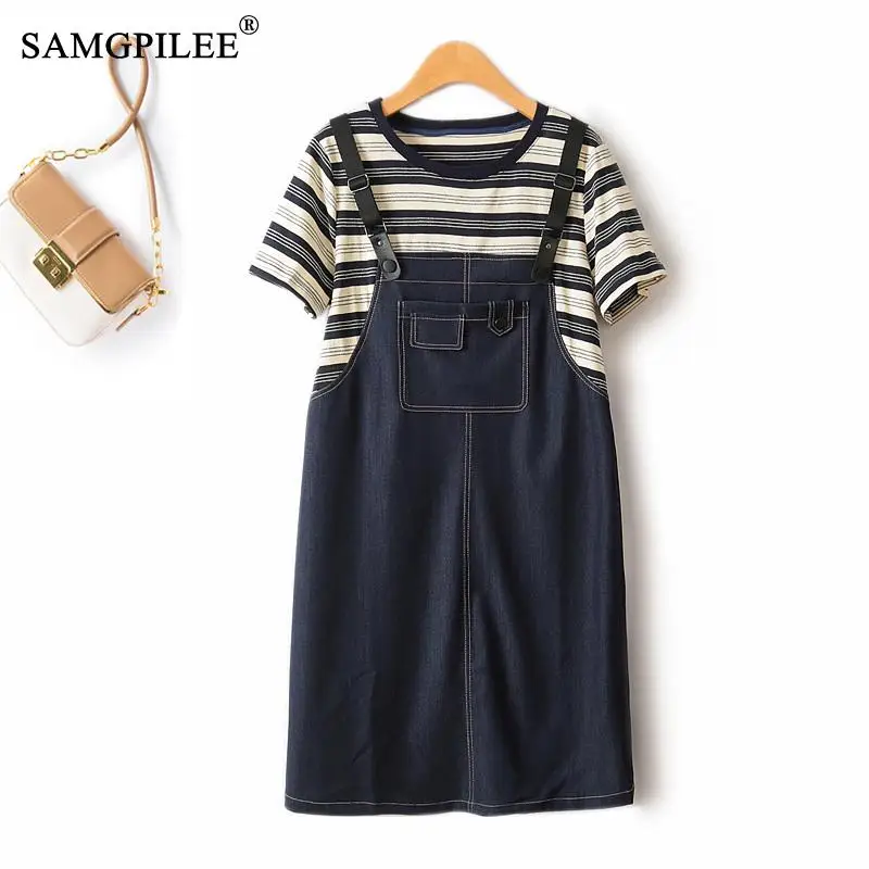 

Fashion Summer Dresses 2024 New Casual Fake Two Piece Design Striped Stitching Denim Blue Short Sleeve Elegant Female Dress 4XL