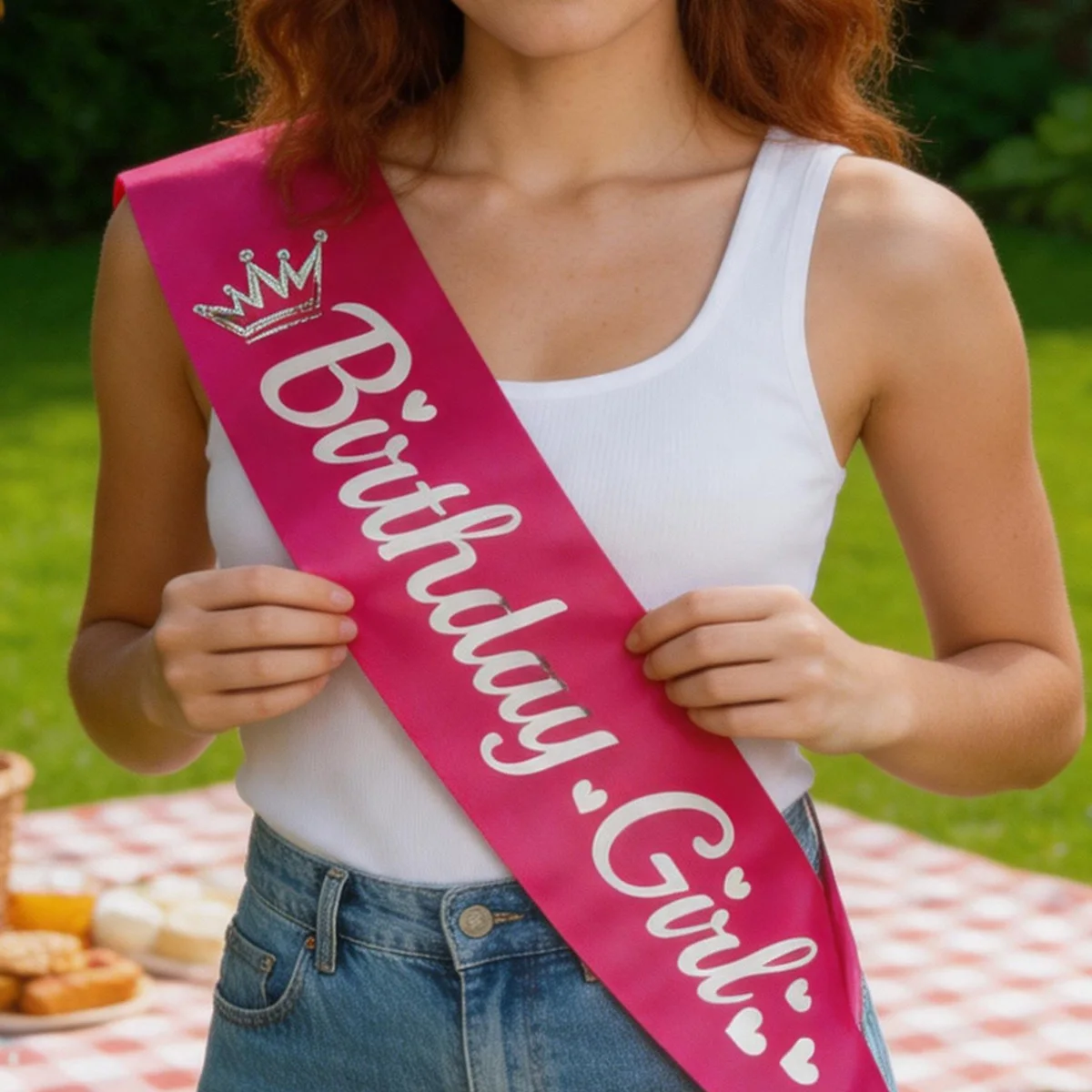 Smooth Hot Pink Satin Birthday Girl Sash with Crown Hearts Print Birthday Celebration Decor