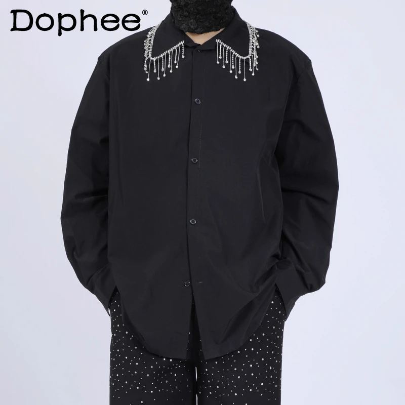 

2025 Men's Autumn New Fashion Light Luxury Handmade Chain Design Shirts Gentleman Loose Comfort Long Sleeve Shirts Oversize Tops