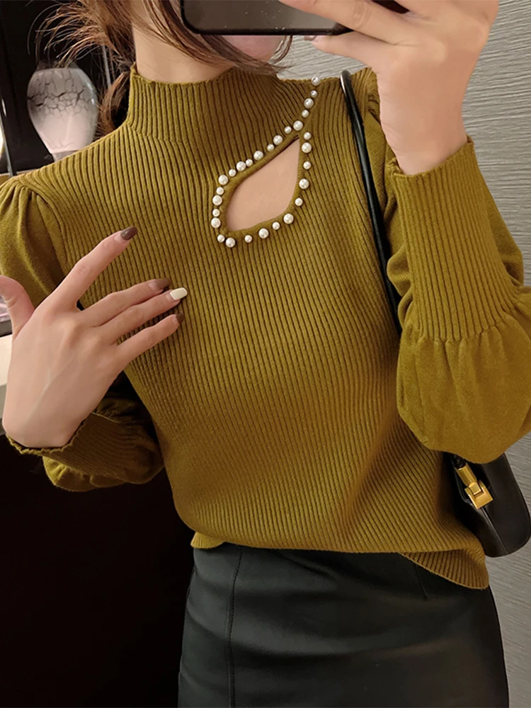 2024 Hollow-out Beading Turtleneck Slim Jumper Soft Warm Pull Femme Autumn Winter Sweater Women Knitted Ribbed Pullover