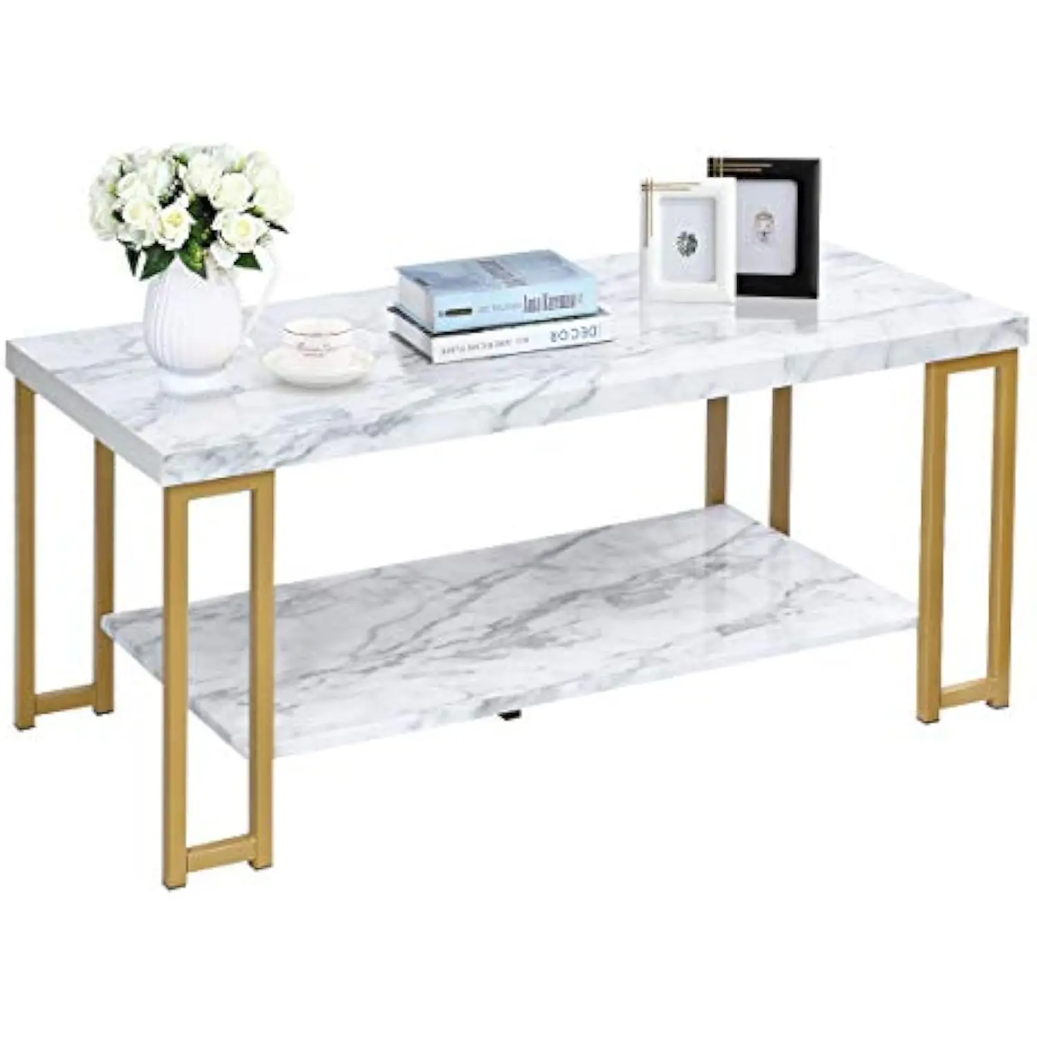 

Rectangular Coffee Table, 2-Tier Center Table W/Faux Marble Tabletop, Morden Accent Table W/Gold Print Metal Frame & Hollow Me
