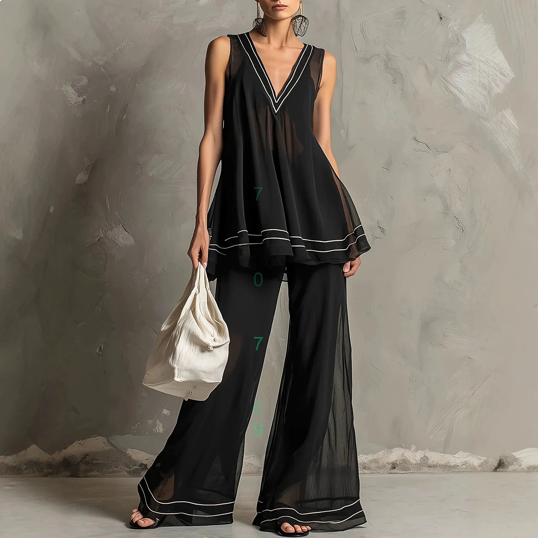 Retro Striped V Neck Semi Sheer Black Chiffon Blouse Top and Flared Pants Matching Set