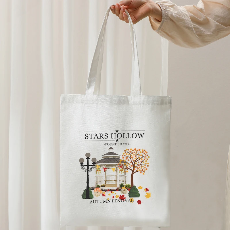 Stars Hollow Pattern Women Canvas Tote Bags Fall Book Shopping Bag Connecticut Handbag Stars Hollows Gifts for Travel Beach Bag