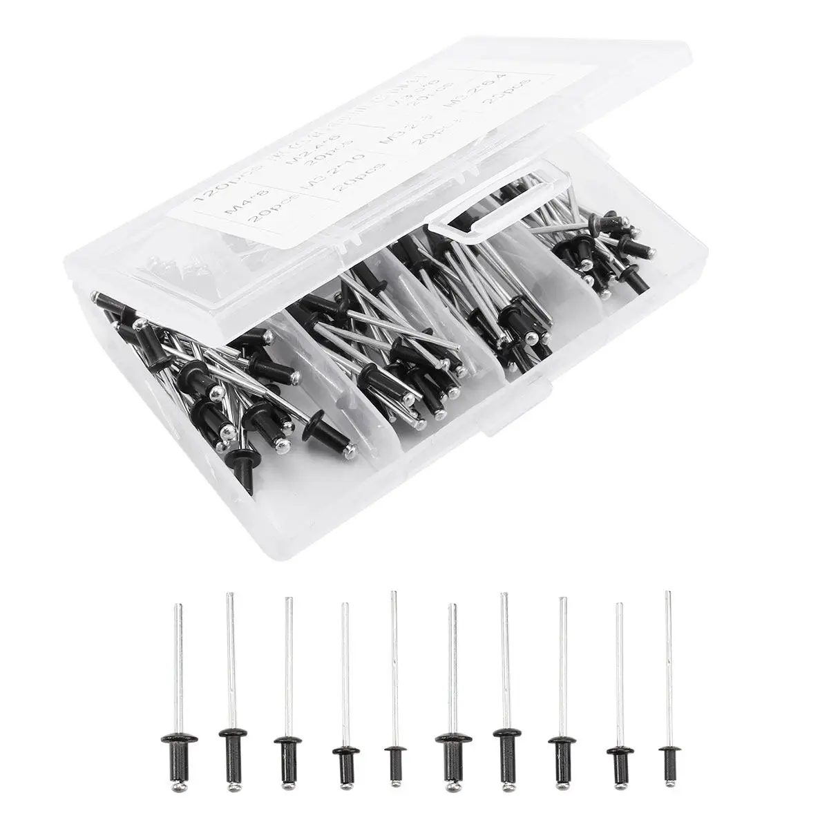 120Pcs M2.4 M3.0 M3.2 Black Aluminum Blind Rivets Assortment Kit Smooth Burr-Free Pull Rod for Furniture Automotive Construction