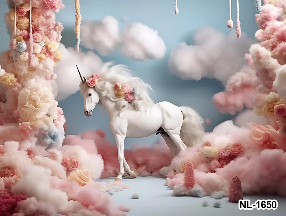 핑크 꽃 풍선 말 유니콘 배경, 코튼 클라우드 케이크 스매쉬, 생일 파티, 신생아 장식 배너, 무지개 배경