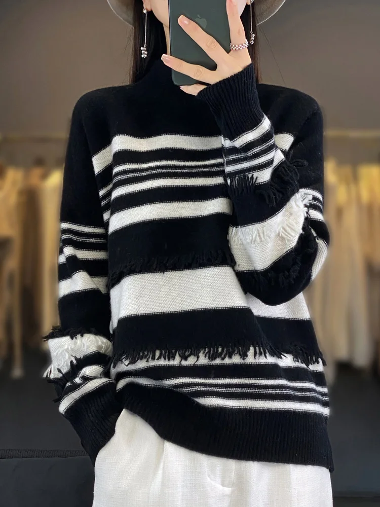 

New Fashion Women's 100% Merino Wool Sweater Autumn Winter Knitwear Tassel Pullover Striped Lady Blouse Long Sleeve Clothes Tops