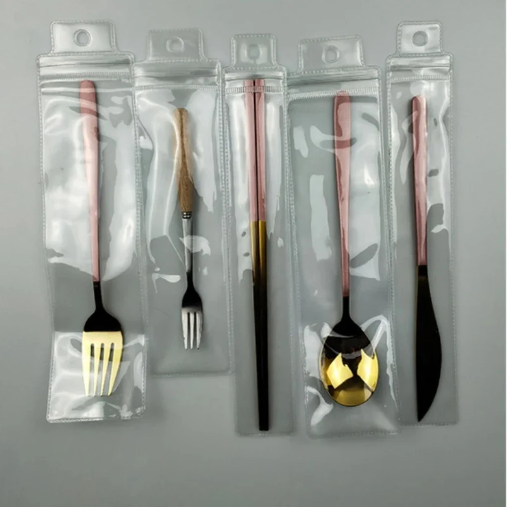 10pcs Wholesale Transparent Long PVC Ziplock Bag Clear Hanging Hole for Fork Spoon Packaging Storage Pouch Plastic Sealed