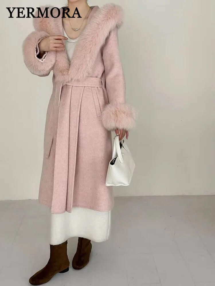 

YERMORA абрикосовый пояс из лисьего меха, теплое повседневное шерстяное пальто для женщин, свободное новое пальто с длинными рукавами, модное пальто, осень-зима 2025