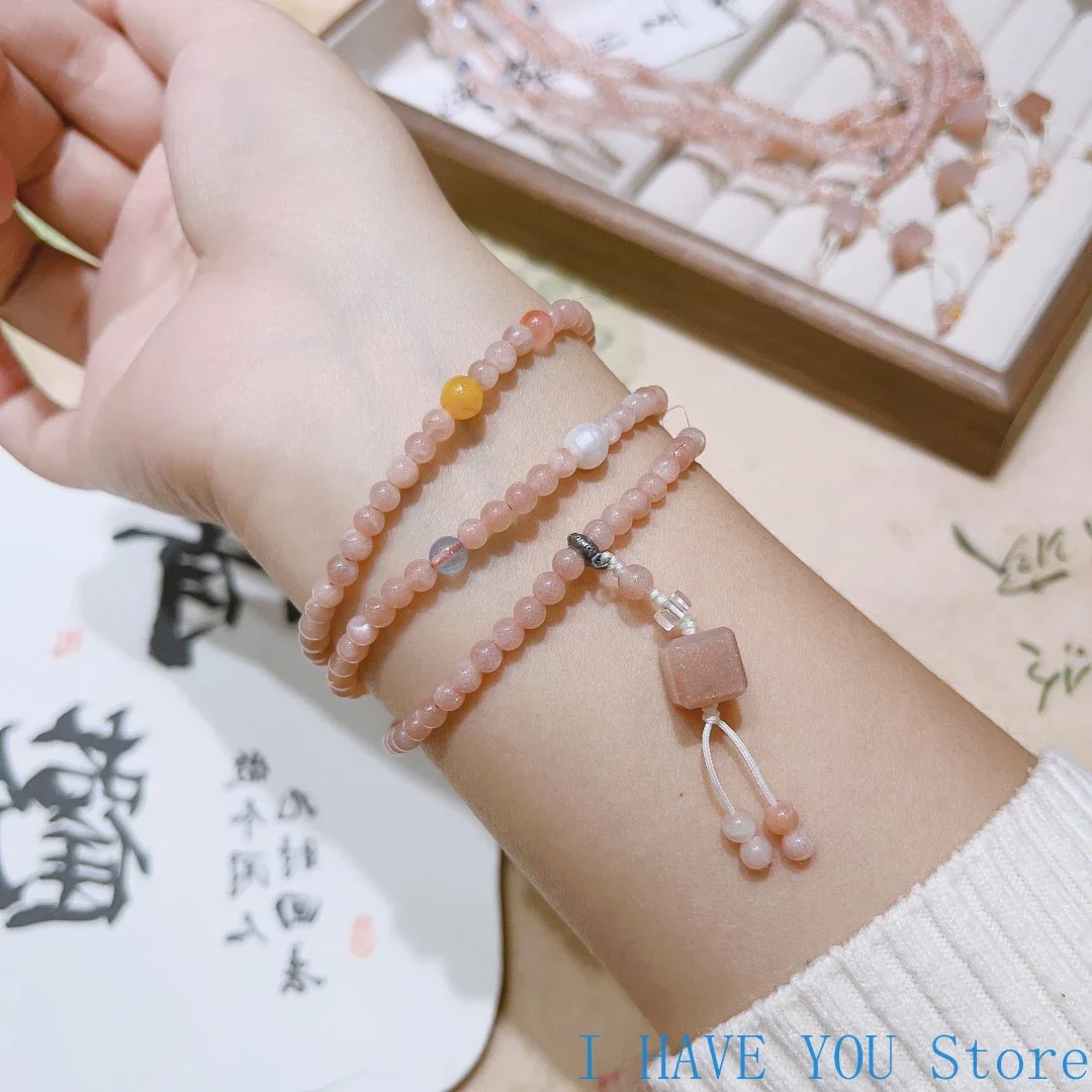 Natural Sunstone Pearl Jade Bracelet Three Circles Round Beads Necklace DIY Fashion High-grade Jewelry Mom Girlfriend Gift