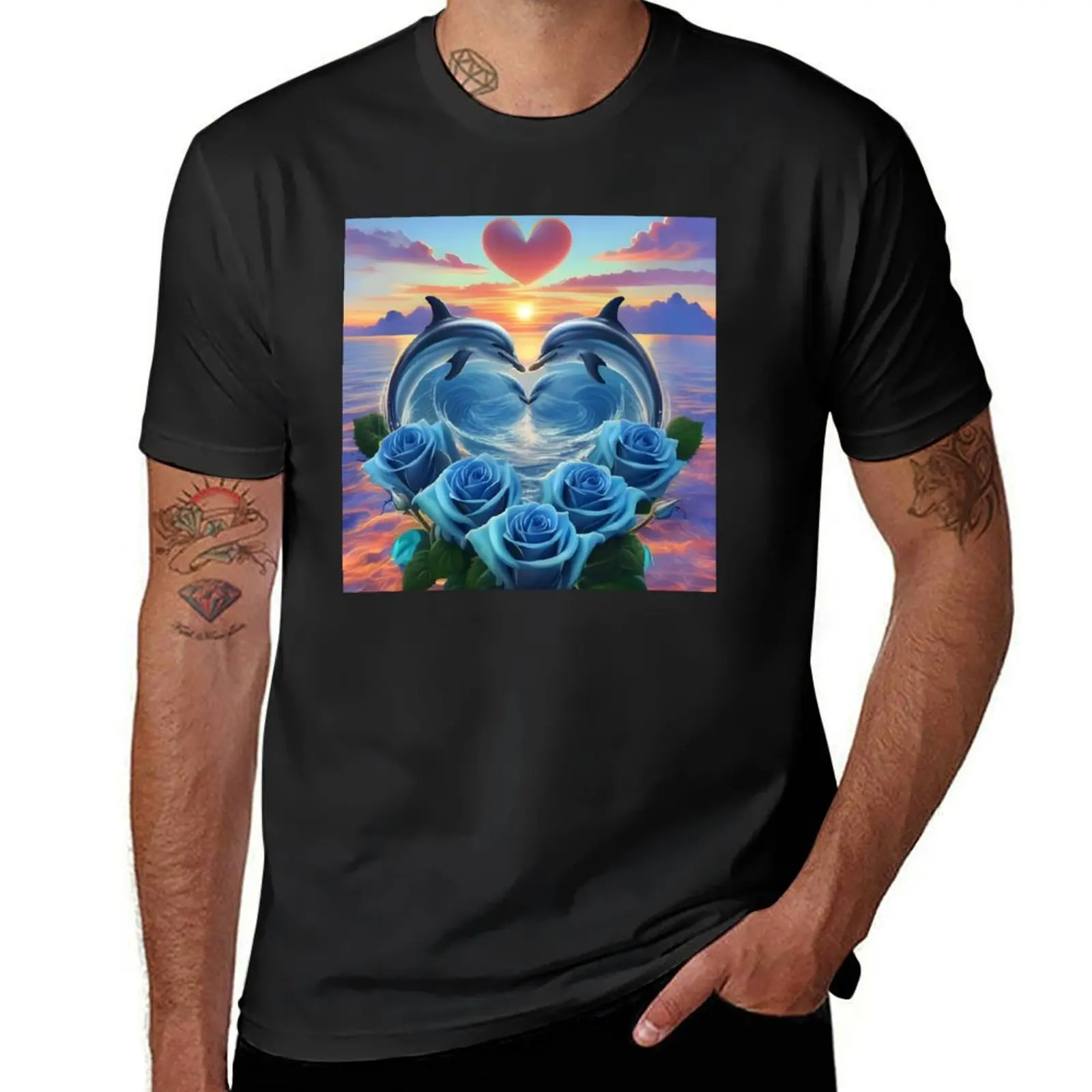 Dolphin Hearts Of Love With Blue Roses At Sunset 6 T-Shirt plus sizes korean fashion plain t shirts men