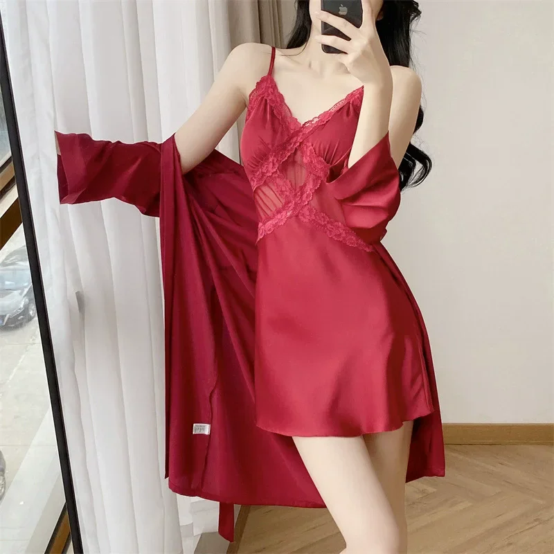 

Sexy Female Nighty&Robe Set Intimate Lingerie Two Piece Summer Lace Flower Kimono Bathrobe Gown Sleepwear Set Satin Dress