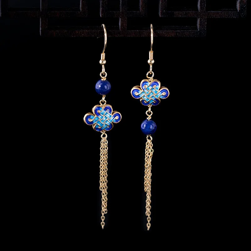 

Cloisonne Chinese Knot Tassel Earrings, Court Blue Lapis Lazuli Earrings S925 Silver Jewelry, Exquisite Daily Wear And Clothing