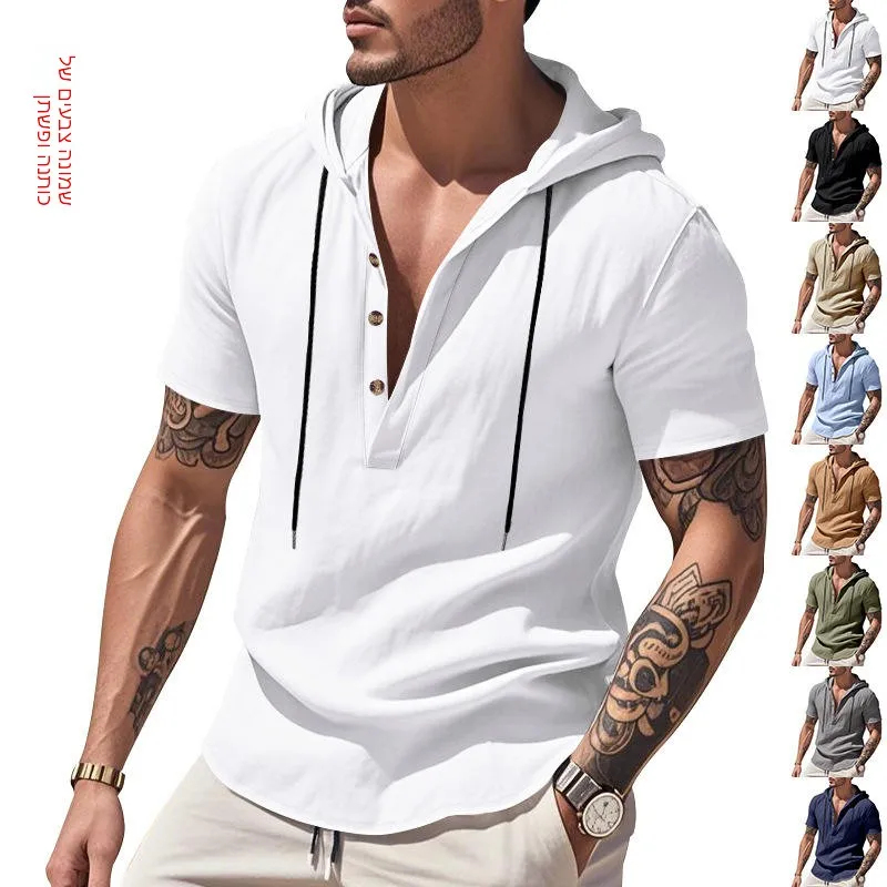 

Loose Linen Short Sleeve Men's Shirt Summer Casual Breathable Beach Hat Henry Top Pure Color Comfortable Unisex Clothing