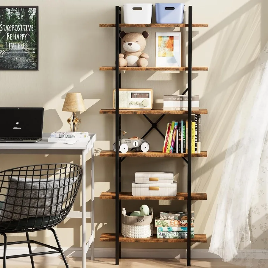 منظم رف كتب على الطراز الصناعي مكون من 6 طبقات مع لمسة نهائية بنية ريفية وإطار معدني لتخزين العرض المفتوح الحديث طويل القامة