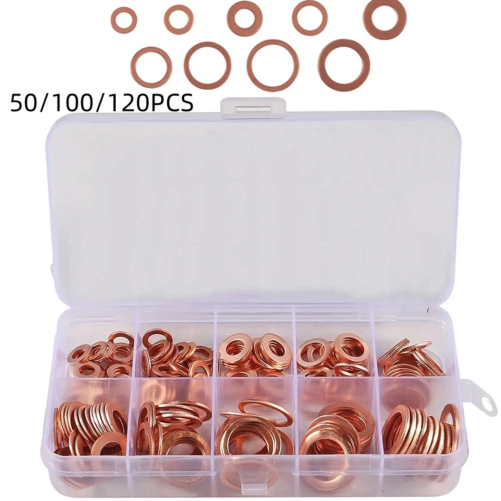 

50/100/120PCS Coppers Washer Gaskets Set Flat Ring Seal Assortment Kit Box For Sumps Electrical Appliances Fuel Ship Parts