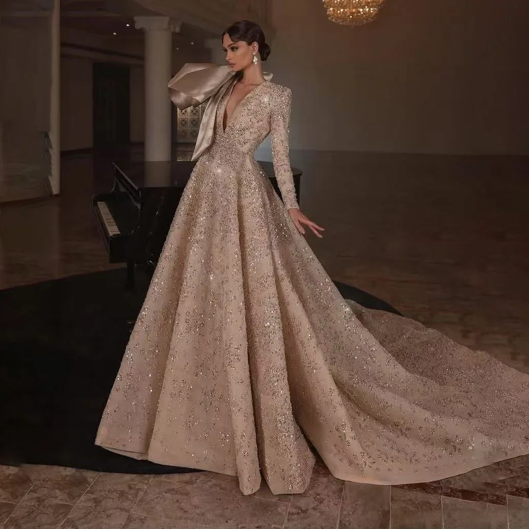 Luxury Arabic Maxi Dress Sequin Formal Dress Champagne Bow On Shoulder Floor Length Gorgeous Dubai Prom Gowns Long Sleeves