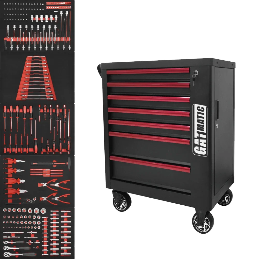 

GATmatic Large Professional 7 Drawer Mechanic Tool Cart Box Roller Cabinet Trolley With 233 Pcs Tools Set