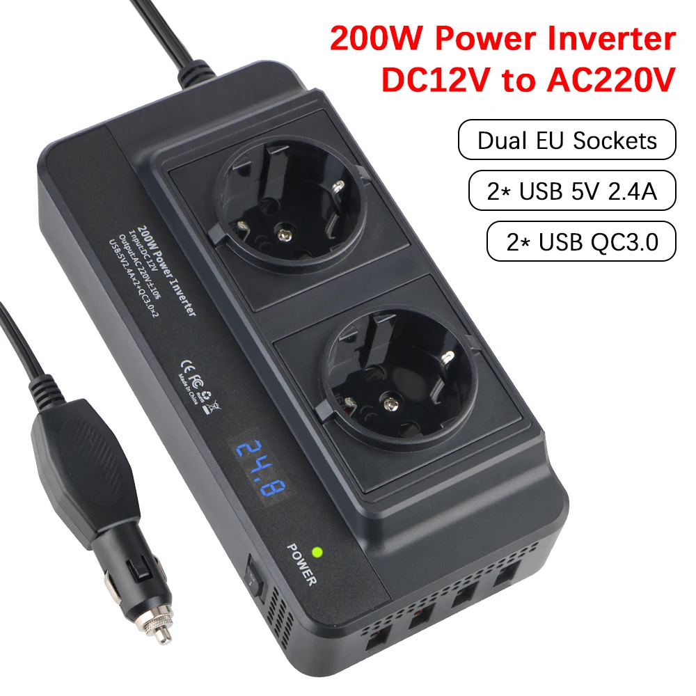 

12V Cigar Lighter Adapter Inverter RV Power Converter DC to AC Socket 220V With Switch Voltmeter USB Chargers Car Inverter 200W