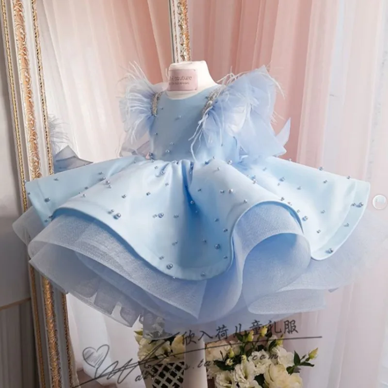 High Quality Kids Pageant Dresses Baby Girls Sleeveless Birthday Party Wear Bead Wedding Gown Frocks Flower Girls Princess Dress