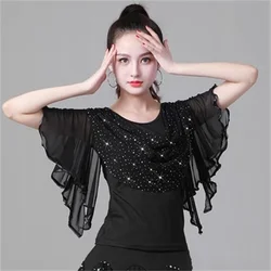New Arrivals Women's trumpet sleeved Latin dance shirt Girl's modern dance sequin performance costume ballroom dancing tops
