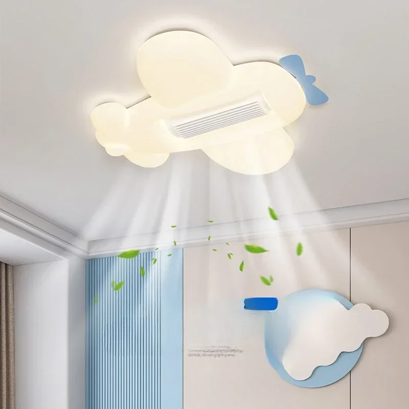 Airplane Fan Ceiling Lamp Kids Air Multiplier RC Dimming Bladeless Fan Children's Boys Girls Room Bedroom Home Appliance