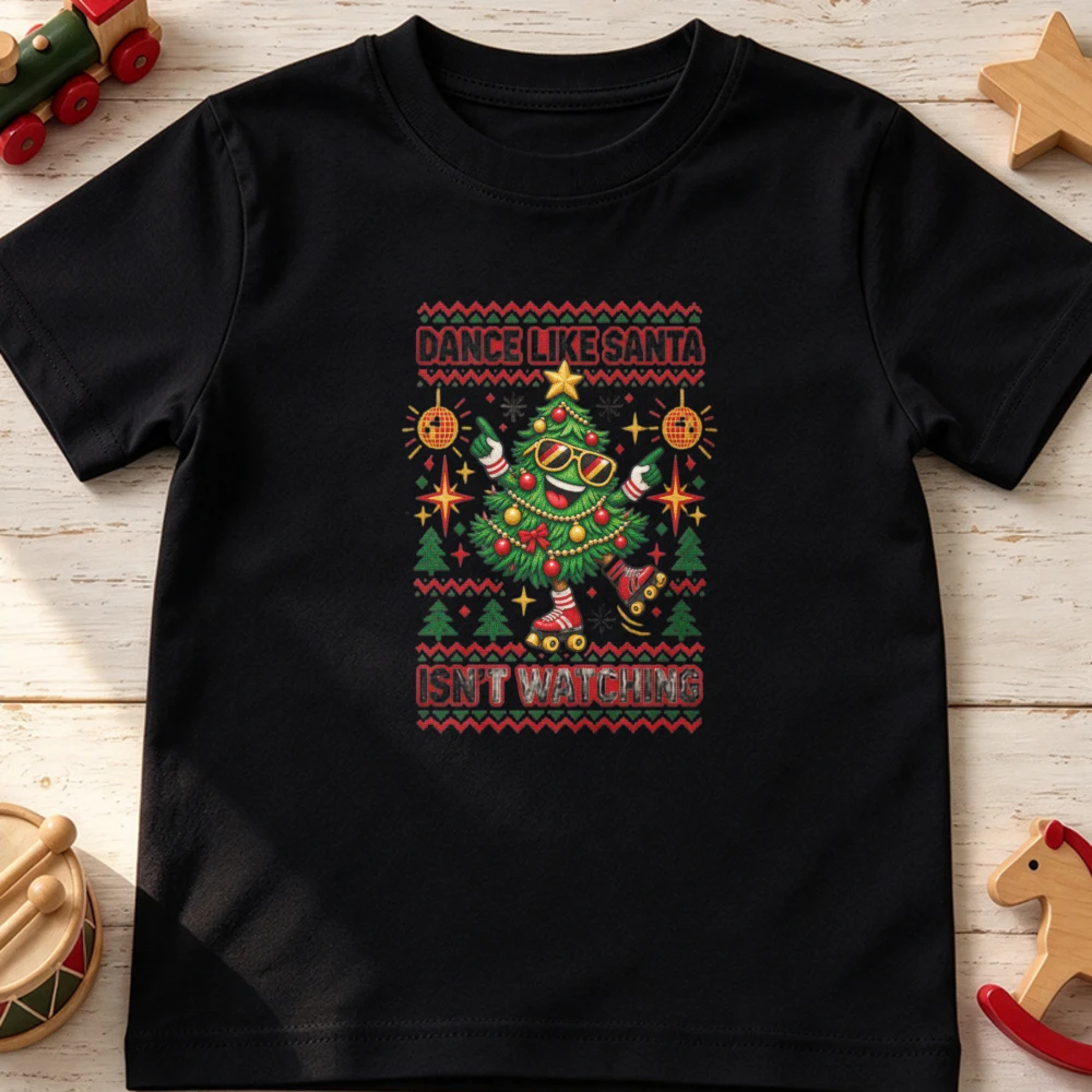 Dance Like Santa Isn't Watching T-Shirt Disco Ball Roller Skating Christmas Tree Tee Funny Holiday Gift for Kids Toddler Unisex