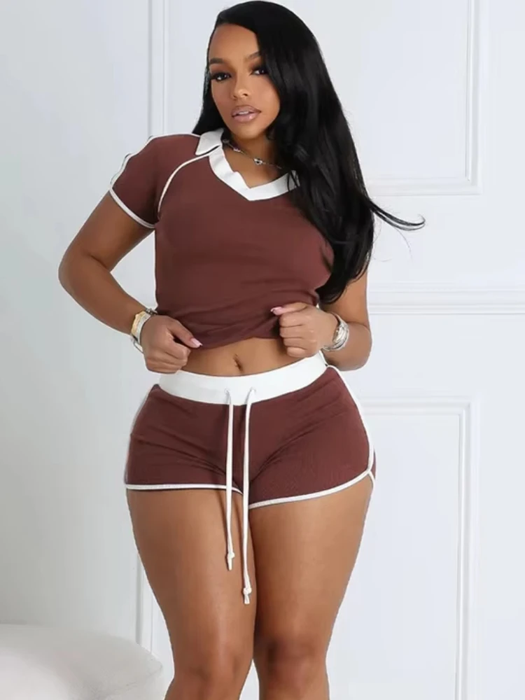 Conjunto de chándal de 2 piezas para mujer Nibber, ropa deportiva con cuello de Polo, Crop Tops + pantalones cortos de cintura ancha a juego