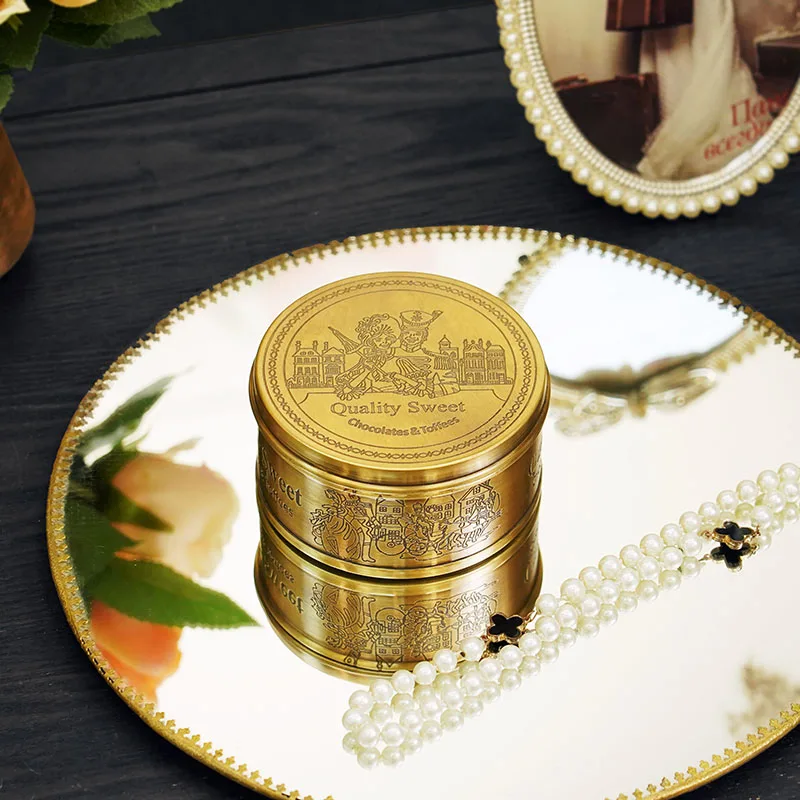 Brass Vintage Storage Box Handmade Carved Round Biscuits Candy Small Cans Crafts Ornaments Classical Jewelry Storage Box Gift