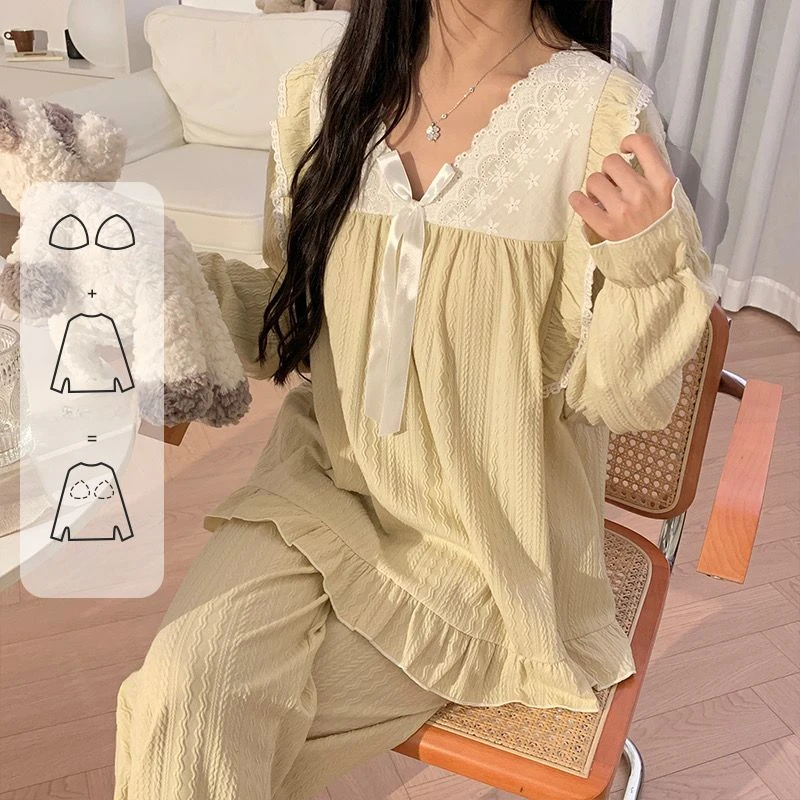 Women Spring Pajamas with Breast Cushion Solid Color Sexy Sweet Pyjamas Lace Long Sleeve Nightgown Set Lacework Bow Sleepwear