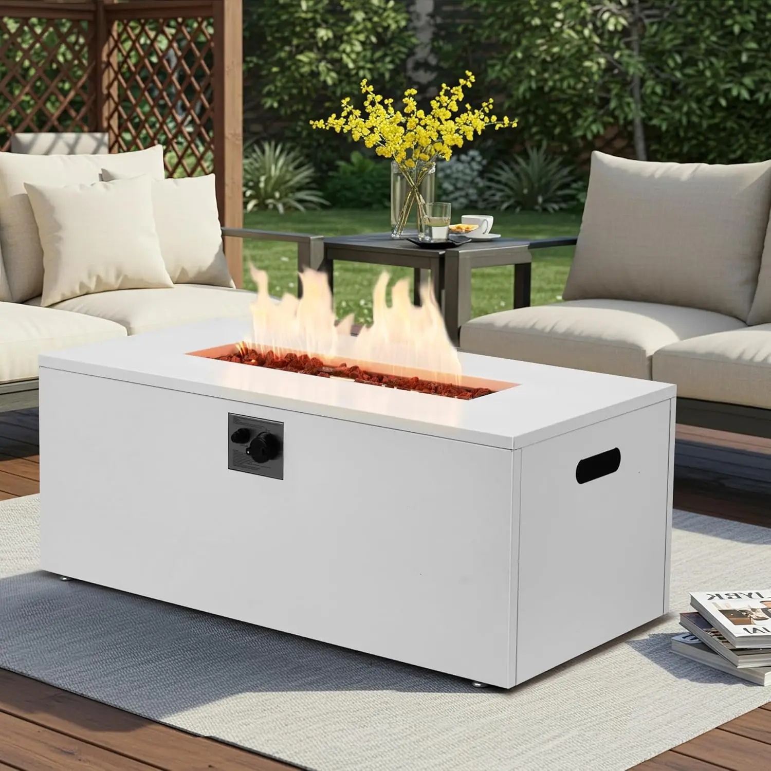 

42" Rectangular Propane Fire Pit Table, 50,000 BTU Outdoor Gas Fire Pit with Lid, Lava Rocks for Patio, White